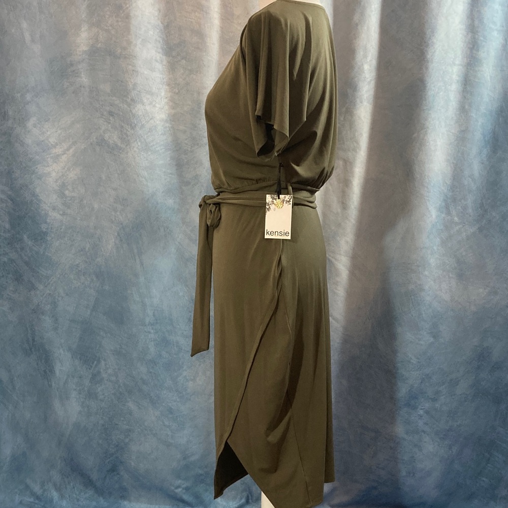 😍Best Price😍NWT Kensie Olive Green Boat Neck Tie Waist Shift Dress Short Sleeves - Picture 8 of 13